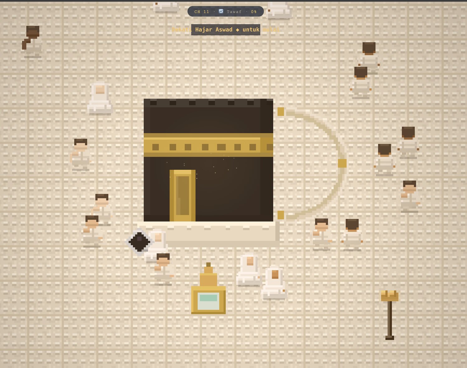 Screenshot Manasik Sims menampilkan simulasi tawaf di sekitar Ka'bah